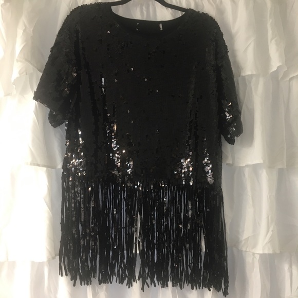 Black sequin shirt with fringe - Picture 2 of 4